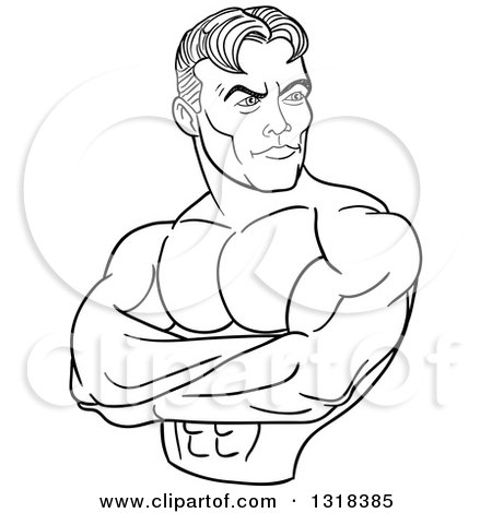 Lineart Clipart of a Cartoon Black and White White Male Bodybuilder with Folded Arms, Looking to the Side - Royalty Free Outline Vector Illustration by LaffToon