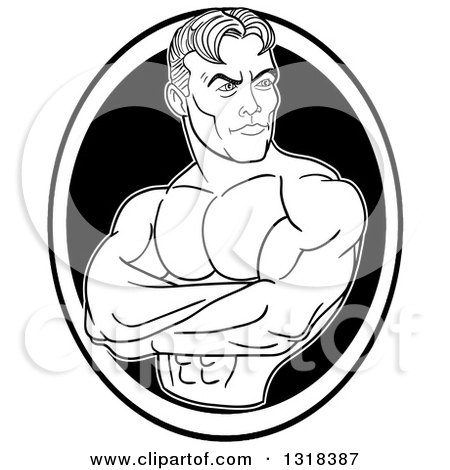 Clipart of a Cartoon Black and White White Male Bodybuilder with Folded Arms, Looking to the Side in an Oval - Royalty Free Vector Illustration by LaffToon