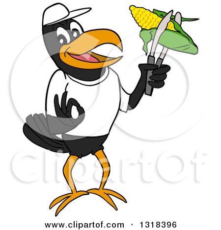Clipart of a Cartoon Casual Black Crow Mascot Holding Corn on the Cob in Tongs - Royalty Free Vector Illustration by LaffToon