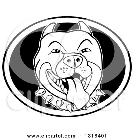 Clipart of a Cartoon Black and White Panting Pitbull Face with a Spiked Collar - Royalty Free Vector Illustration by LaffToon
