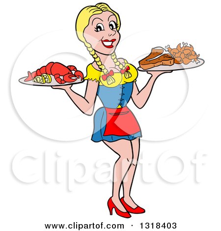 Clipart of a Cartoon Blond White Female Waitress Serving Lobster, Steak and Shrimp - Royalty Free Vector Illustration by LaffToon