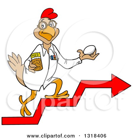 Clipart of a Cartoon Scientist Chicken Holding an Egg and Feed and Walking up Arrow Steps - Royalty Free Vector Illustration by LaffToon