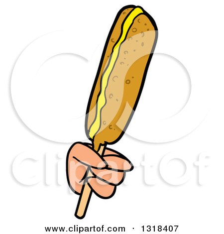Clipart of a Cartoon White Hand Holding a Corn Dog with Mustard - Royalty Free Vector Illustration by LaffToon
