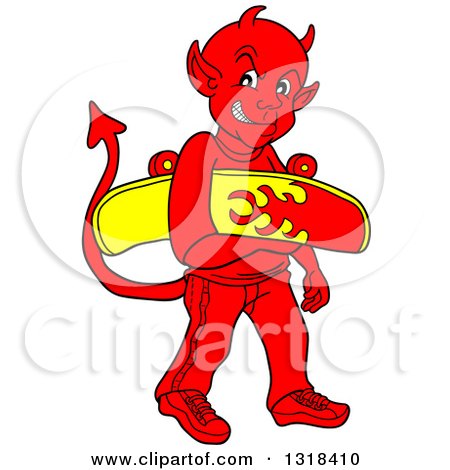 Clipart of a Cartoon Red Teenage Devil Carrying a Skateboard - Royalty Free Vector Illustration by LaffToon