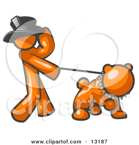 Orange Man Walking a Tough Bulldog on a Leash Clipart Illustration by Leo Blanchette