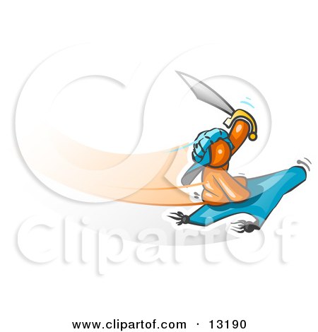 Orange Man Holding up a Sword and Flying on a Magic Carpet Clipart Illustration by Leo Blanchette