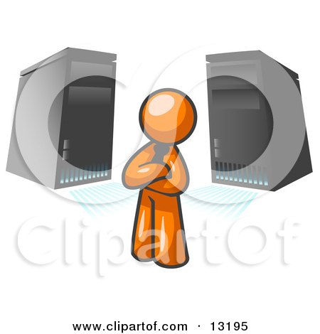 Orange Business Man Standing in Front of Servers Clipart Illustration by Leo Blanchette