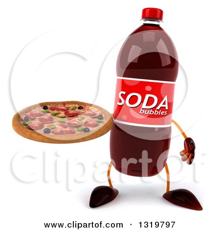 Clipart of a 3d Soda Bottle Character Holding a Pizza - Royalty Free