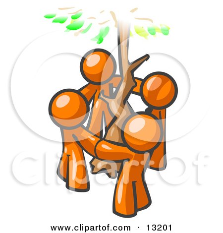 Group of 4 Orange Man Standing in a Circle Around a Tree Clipart Illustration by Leo Blanchette