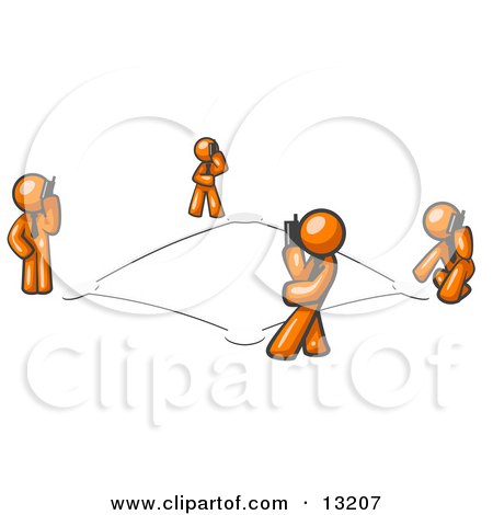 Wireless Telephone Network of Orange Men Talking on Cell Phones Clipart Illustration by Leo Blanchette