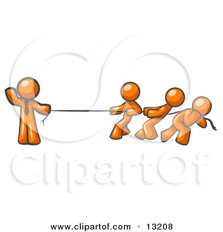 Strong Orange Man Holding One End of Rope While Three Others Pull on the Other Side During Tug of War Clipart Illustration by Leo Blanchette