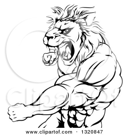 Clipart of a Black and White Fierce Angry Muscular Lion Man Punching and Roaring - Royalty Free Vector Illustration by AtStockIllustration