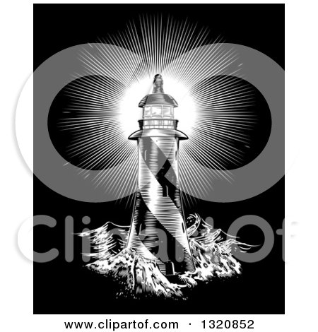 Clipart of a Spiral Lighthouse and Shining Beacon Engraved on Black 2 - Royalty Free Vector Illustration by AtStockIllustration