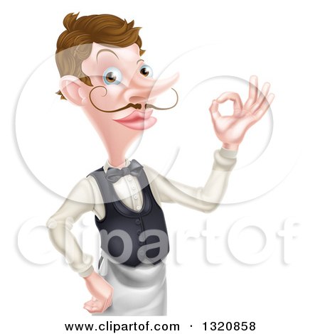 Clipart of a Cartoon Caucasian Male Waiter with a Curling Mustache, Gesturing Ok, from the Waist up - Royalty Free Vector Illustration by AtStockIllustration