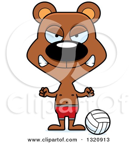 Clipart of a Cartoon Angry Brown Bear Beach Volleyball Player - Royalty Free Vector Illustration by Cory Thoman