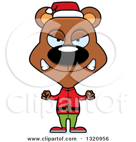 Clipart of a Cartoon Angry Brown Bear Christmas Elf - Royalty Free Vector Illustration by Cory Thoman