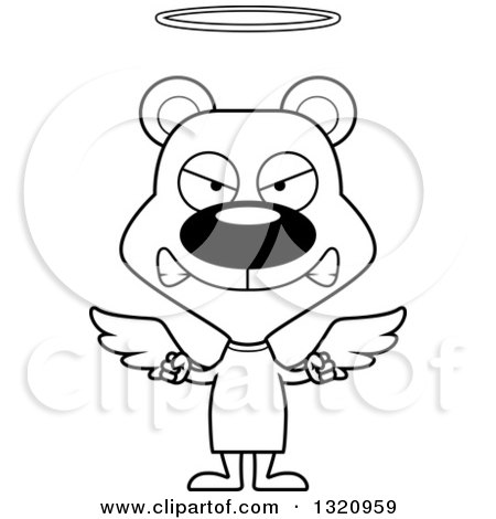 Lineart Clipart of a Cartoon Black and White Angry Angel Bear - Royalty Free Outline Vector Illustration by Cory Thoman