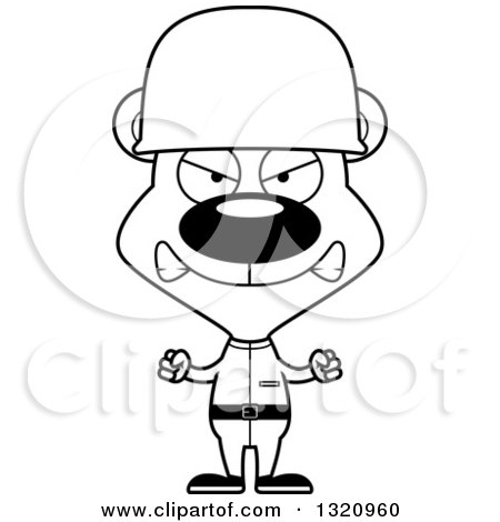 Lineart Clipart of a Cartoon Black and White Angry Bear Soldier - Royalty Free Outline Vector Illustration by Cory Thoman