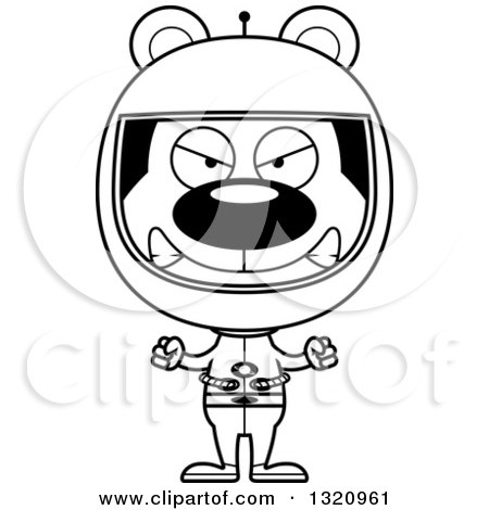 Lineart Clipart of a Cartoon Black and White Angry Bear Astronaut - Royalty Free Outline Vector Illustration by Cory Thoman