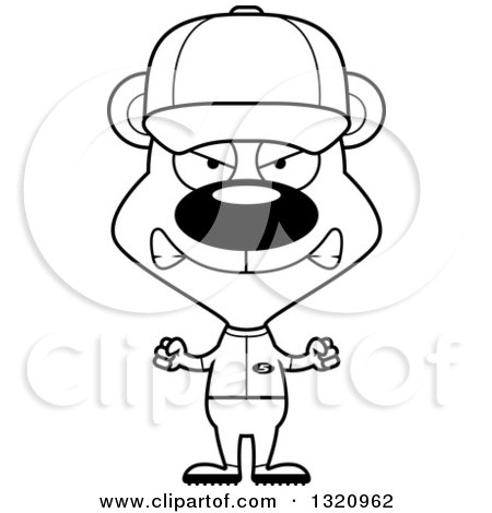 Lineart Clipart of a Cartoon Black and White Angry Bear Baseball Player - Royalty Free Outline Vector Illustration by Cory Thoman