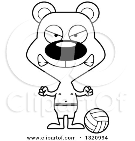 Lineart Clipart of a Cartoon Black and White Angry Bear Beach Volleyball Player - Royalty Free Outline Vector Illustration by Cory Thoman