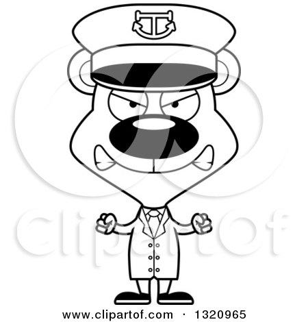 Lineart Clipart of a Cartoon Black and White Angry Bear Captain - Royalty Free Outline Vector Illustration by Cory Thoman
