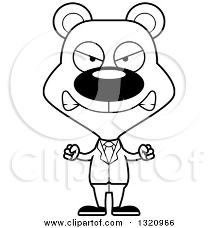 Lineart Clipart of a Cartoon Black and White Angry Bear Business Man - Royalty Free Outline Vector Illustration by Cory Thoman