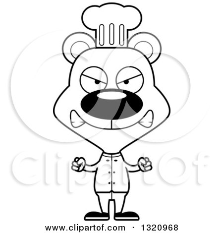 Lineart Clipart of a Cartoon Black and White Angry Bear Chef - Royalty Free Outline Vector Illustration by Cory Thoman
