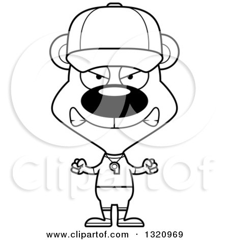 Lineart Clipart of a Cartoon Black and White Angry Bear Coach - Royalty Free Outline Vector Illustration by Cory Thoman