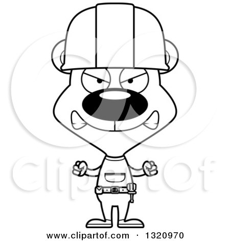 Lineart Clipart of a Cartoon Black and White Angry Bear Construction Worker - Royalty Free Outline Vector Illustration by Cory Thoman
