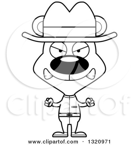 Lineart Clipart of a Cartoon Black and White Angry Bear Cowboy - Royalty Free Outline Vector Illustration by Cory Thoman