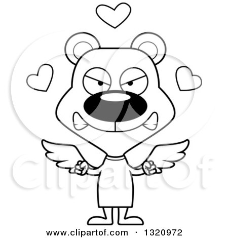 Lineart Clipart of a Cartoon Black and White Angry Bear Cupid - Royalty Free Outline Vector Illustration by Cory Thoman