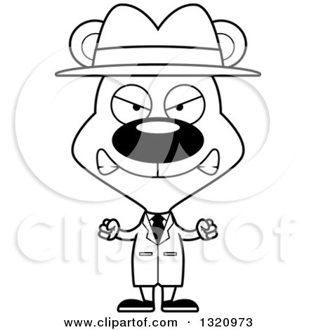 Lineart Clipart of a Cartoon Black and White Angry Bear Detective - Royalty Free Outline Vector Illustration by Cory Thoman