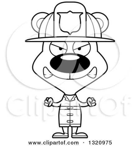Lineart Clipart of a Cartoon Black and White Angry Bear Fireman - Royalty Free Outline Vector Illustration by Cory Thoman