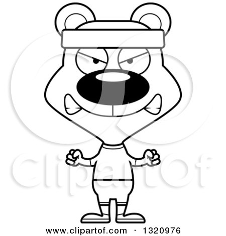 Lineart Clipart of a Cartoon Black and White Angry Bear in Fitness Apparel - Royalty Free Outline Vector Illustration by Cory Thoman