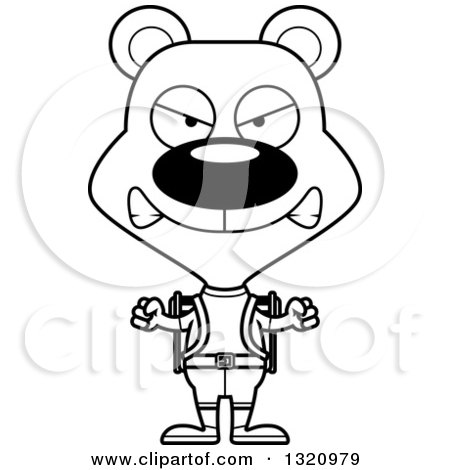 Lineart Clipart of a Cartoon Black and White Angry Bear Hiker - Royalty Free Outline Vector Illustration by Cory Thoman