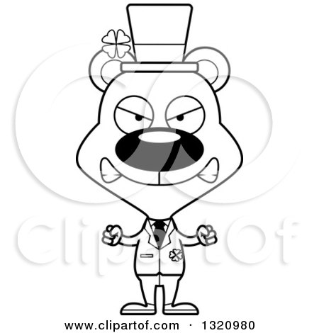 Lineart Clipart of a Cartoon Black and White Angry St Patricks Day Irish Bear - Royalty Free Outline Vector Illustration by Cory Thoman