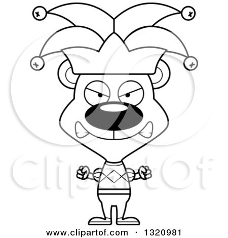 Lineart Clipart of a Cartoon Black and White Angry Bear Jester - Royalty Free Outline Vector Illustration by Cory Thoman