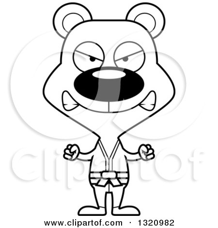 Lineart Clipart of a Cartoon Black and White Angry Karate Bear - Royalty Free Outline Vector Illustration by Cory Thoman