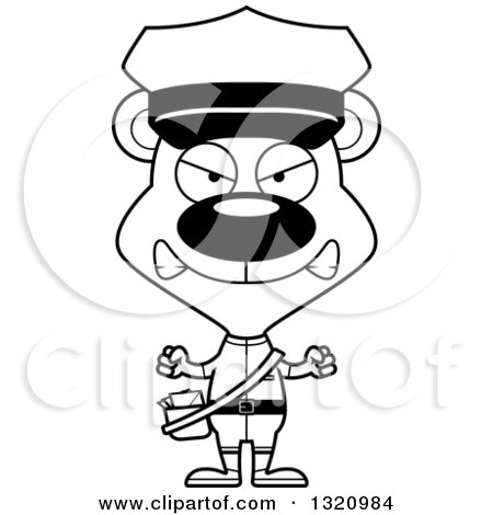 Lineart Clipart of a Cartoon Black and White Angry Bear Mailman - Royalty Free Outline Vector Illustration by Cory Thoman