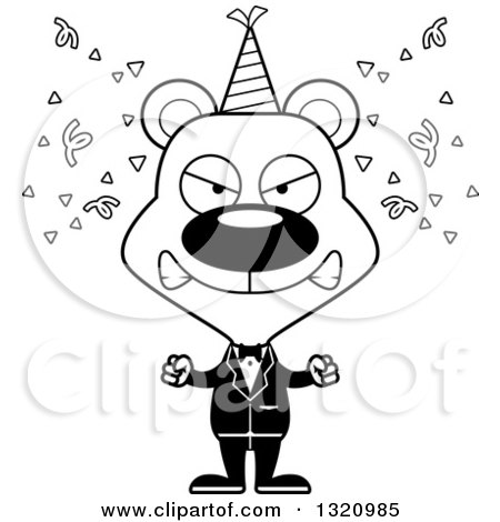 Lineart Clipart of a Cartoon Black and White Angry Party Bear - Royalty Free Outline Vector Illustration by Cory Thoman