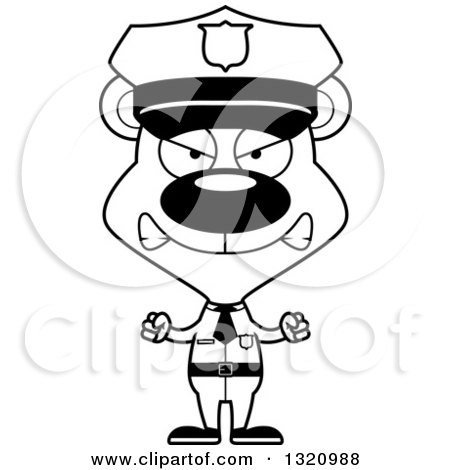 Lineart Clipart of a Cartoon Black and White Angry Bear Police Officer - Royalty Free Outline Vector Illustration by Cory Thoman