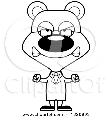 Lineart Clipart of a Cartoon Black and White Angry Bear Scientist - Royalty Free Outline Vector Illustration by Cory Thoman