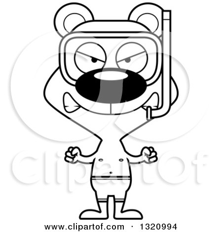 Lineart Clipart of a Cartoon Black and White Angry Snorkel Bear - Royalty Free Outline Vector Illustration by Cory Thoman
