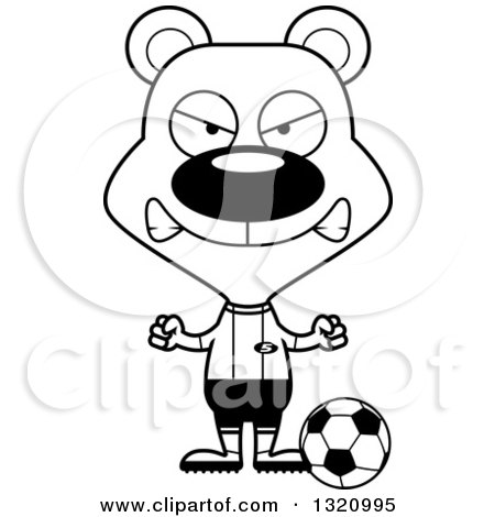 Lineart Clipart of a Cartoon Black and White Angry Bear Soccer Player