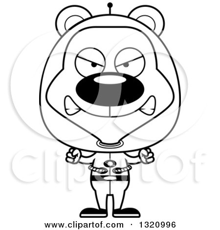 Lineart Clipart of a Cartoon Black and White Angry Bear Space Man - Royalty Free Outline Vector Illustration by Cory Thoman