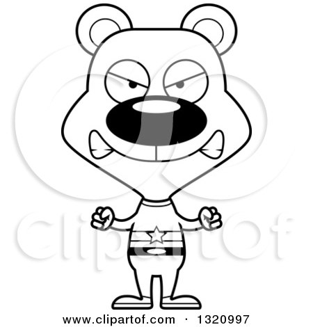 Lineart Clipart of a Cartoon Black and White Angry Bear Super Hero - Royalty Free Outline Vector Illustration by Cory Thoman
