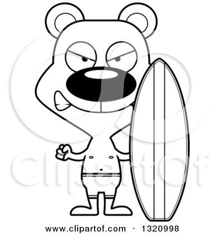 Lineart Clipart of a Cartoon Black and White Angry Bear Surfer - Royalty Free Outline Vector Illustration by Cory Thoman