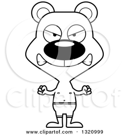 Lineart Clipart of a Cartoon Black and White Angry Bear in Swim Trunks - Royalty Free Outline Vector Illustration by Cory Thoman