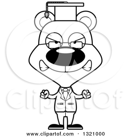 Lineart Clipart of a Cartoon Black and White Angry Bear Professor - Royalty Free Outline Vector Illustration by Cory Thoman